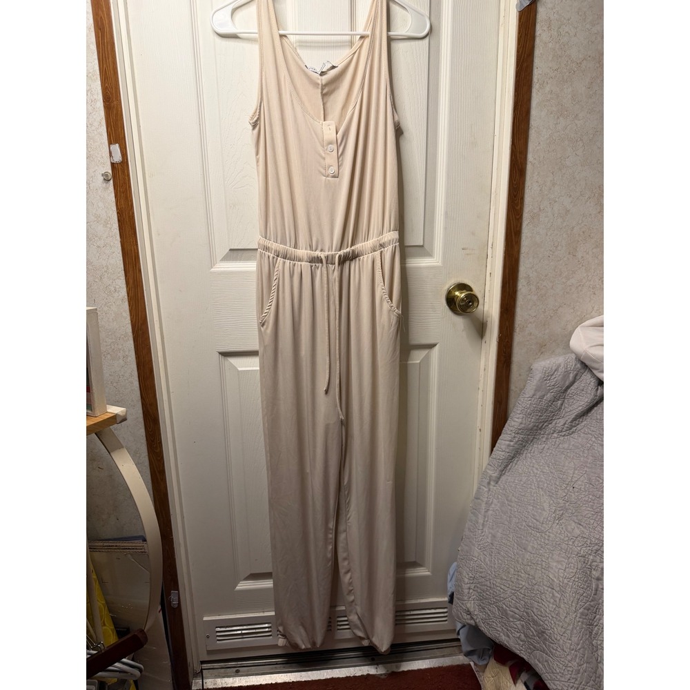 Hyfve Beige Ribbed‎ Sleeveless Jumpsuit Henley Neck Drawstring Waist Small
